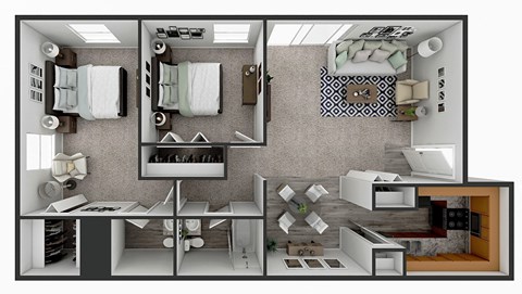 a rendering of a 3d floor plan with a bedroom and a bathroom